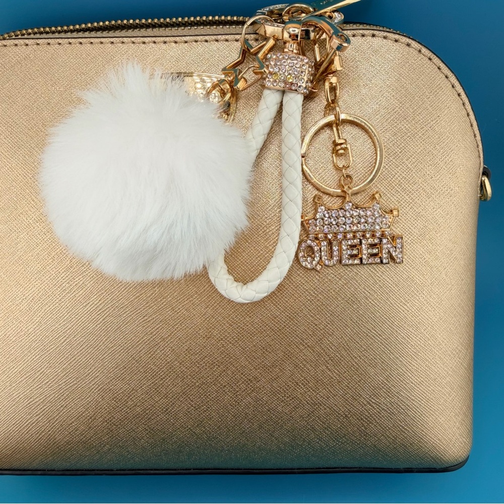 👑 QUEEN + CROWN Designer-Inspired Rhinestone Embellished Keychain/Bag Charm Gold